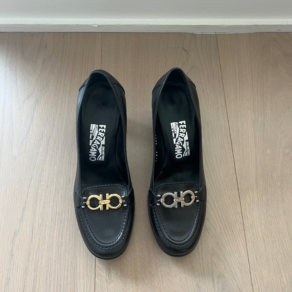 Salvatore Ferragamo Black Heeled Loafer with Ornament Size 7
